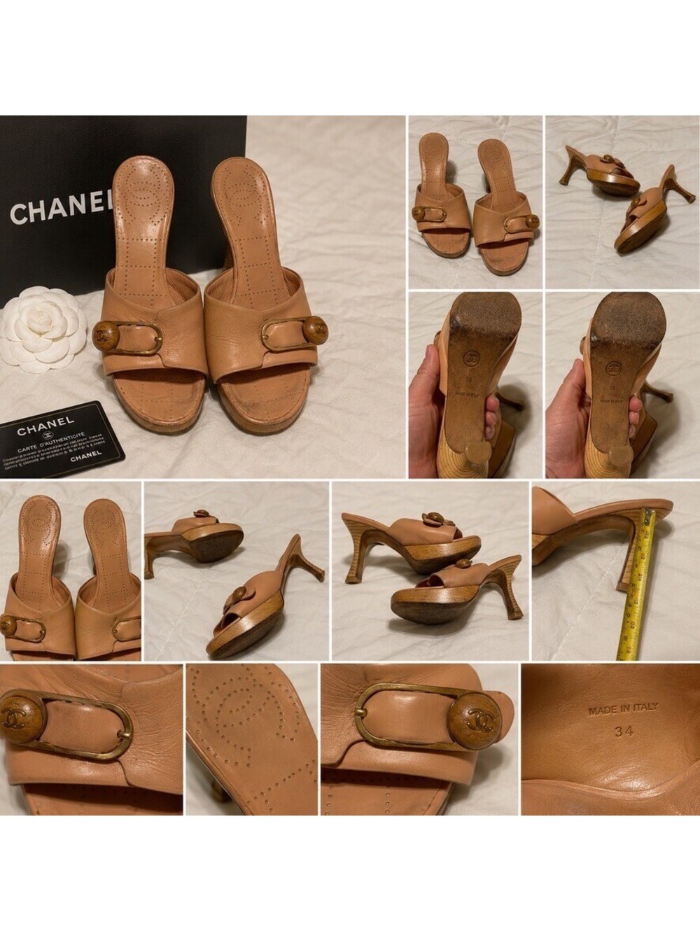Chanel Beige Leather CC Turn Lock Wooden Platform Mule Heels Sandals EU 36 Italy